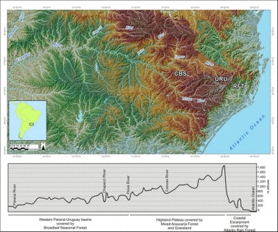 Figure 1. Regional map of Santa Catarina, highlighting the main areas of archaeological excavation and palaeoecological core sites (RFT, URU and CBS).